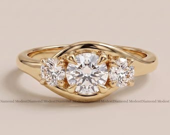 Round Cut Moissanite Three Stone Engagement Ring in 18K Yellow Gold Twisted Bypass Bridal Ring Unique Promise Anniversary Gift for Her