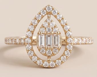 Round & Baguette Moissanite Engagement Ring in 14K Yellow Gold Unique Halo Cluster Ring Elegant Bridal Jewelry Classic Wedding Gift for Her