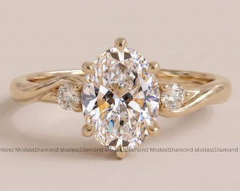 Oval Cut Moissanite Engagement Ring in 18K Yellow Gold with Twisted Pavé Band Elegant Three Stone Proposal Ring Unique Birthday Gift for Her