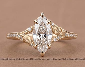 Anillo de compromiso de moissanita talla marquesa en oro amarillo de 18 quilates con diseño de hojas. Anillo de boda de inspiración vintage. Regalo único de aniversario. Anillo de promesa para ella.