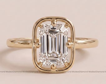 Emerald Cut Moissanite Bezel Engagement Ring in Solid Gold Minimalist Solitaire Ring Unique Wedding Ring Elegant Bridal Jewelry Gift for Her