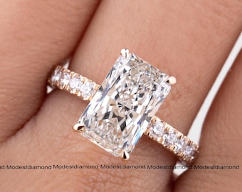 Radiant Cut Moissanite Engagement Ring in 18K Yellow Gold with Pavé Band Wedding Ring Hidden Halo Diamond Ring Elegant Proposal Gift for Her