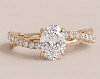 Oval Cut Moissanite Engagement Ring with Twisted Pave Band in Gold Unique Solitaire Promise Ring Minimalist Bridal Jewelry Gift for Her