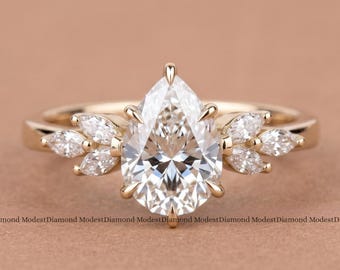Pear Cut Moissanite Engagement Ring in 14k Yellow Gold with Marquise Side Stones Nature Inspired Bridal Ring Elegant Handmade Gift for Her