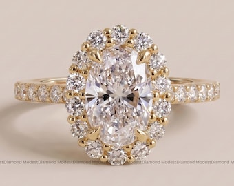 Oval Cut Moissanite Engagement Ring in 18K Yellow Gold Halo Bridal Ring with Pavé Band Elegant Wedding Jewelry Unique Proposal Ring for Her