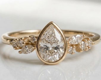 Pear Cut Moissanite Bezel Engagement Ring in 18K Yellow Gold Vintage Inspired Cluster Ring Elegant Minimalist Bridal Jewelry Gift for Her