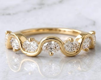 Oval Cut Moissanite Curved Wedding Band in Yellow Gold Minimalist Wave Ring Dainty Stackable Bridal Jewelry Anniversary Gift for Women
