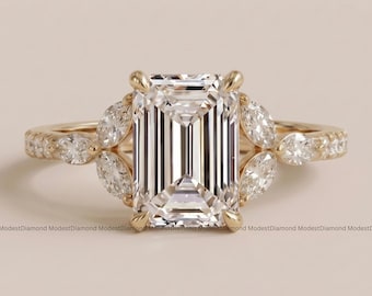 Emerald Cut Moissanite Engagement Ring in 18K Yellow Gold Handmade Wedding Ring Elegant Bridal Jewelry Unique Bridesmaid Gift for Her