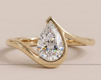 Pear Cut Moissanite Solitaire Ring in Yellow Gold Unique Half Bezel Set Engagement Ring Elegant Bridal Jewelry Modern Wedding Gift for Her