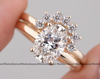 Oval Cut Moissanite Engagement Ring in 14K Yellow Gold with Cluster Halo Band Floral Inspired Bridal Ring Handmade Wedding Ring Gift for Her