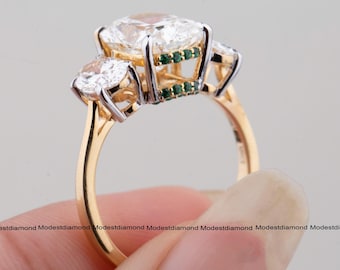 Cushion Cut Moissanite Engagement Ring in Yellow Gold with Green Diamond Hidden Halo Ring Elegant Three Stone Ring Unique Anniversary Gift