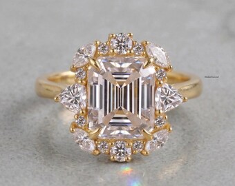 Anillo de compromiso con halo de moissanita talla esmeralda, anillo de racimo de inspiración vintage en oro amarillo, anillo nupcial único para mujer, regalo de pedida de mano para ella.
