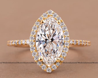Anillo de compromiso con halo de moissanita talla marquesa en oro amarillo con banda pavé. Elegante anillo solitario de novia hecho a mano. Regalo de aniversario para ella.