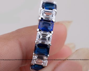 Emerald Cut Moissanite Wedding Band in White Gold Blue Sapphire Diamond Eternity Band Elegant Fine Jewelry Unique Anniversary Gift for Her