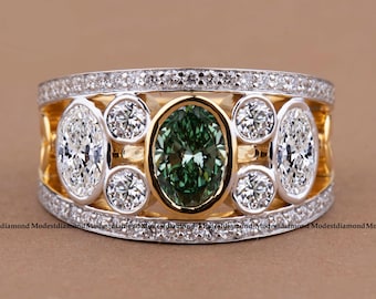 Green Oval Cut Moissanite Engagement Ring in Two Tone Antique Style Statement Ring Elegant Art Deco Jewelry Handmade Wedding Gift for Women