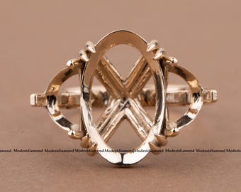 Anillo de compromiso de tres piedras con montura semiesférica de forma ovalada en oro amarillo de 14 quilates, joyería nupcial hecha a mano para mujer, anillo de marco abierto.