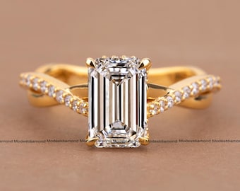 Emerald Cut Moissanite Engagement Ring in 18K Yellow Gold Pavé Twisted Band Elegant Wedding Ring Unique Bridal Jewelry Wedding Gift for Her