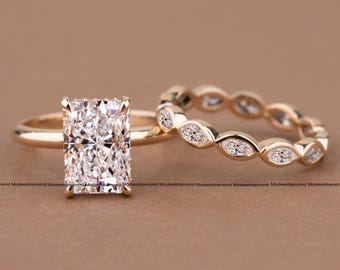 Radiant Cut Moissanite Engagement Ring Set in Yellow Gold with Twisted Wedding Band Elegant Bridal Ring Set Unique Anniversary Gift for Her