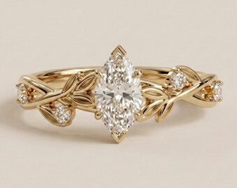 Marquise Cut Moissanite Engagement Ring in Yellow Gold Nature Inspired Wedding Jewelry Vintage Proposal Ring Unique Anniversary Gift for Her