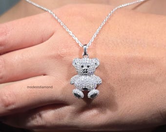 Teddy Bear Pendant Necklace Custom Moissanite Round Cut Pendant Minimalist Sparkling Silver Diamond Pendant Gift for Wife Women Jewelry
