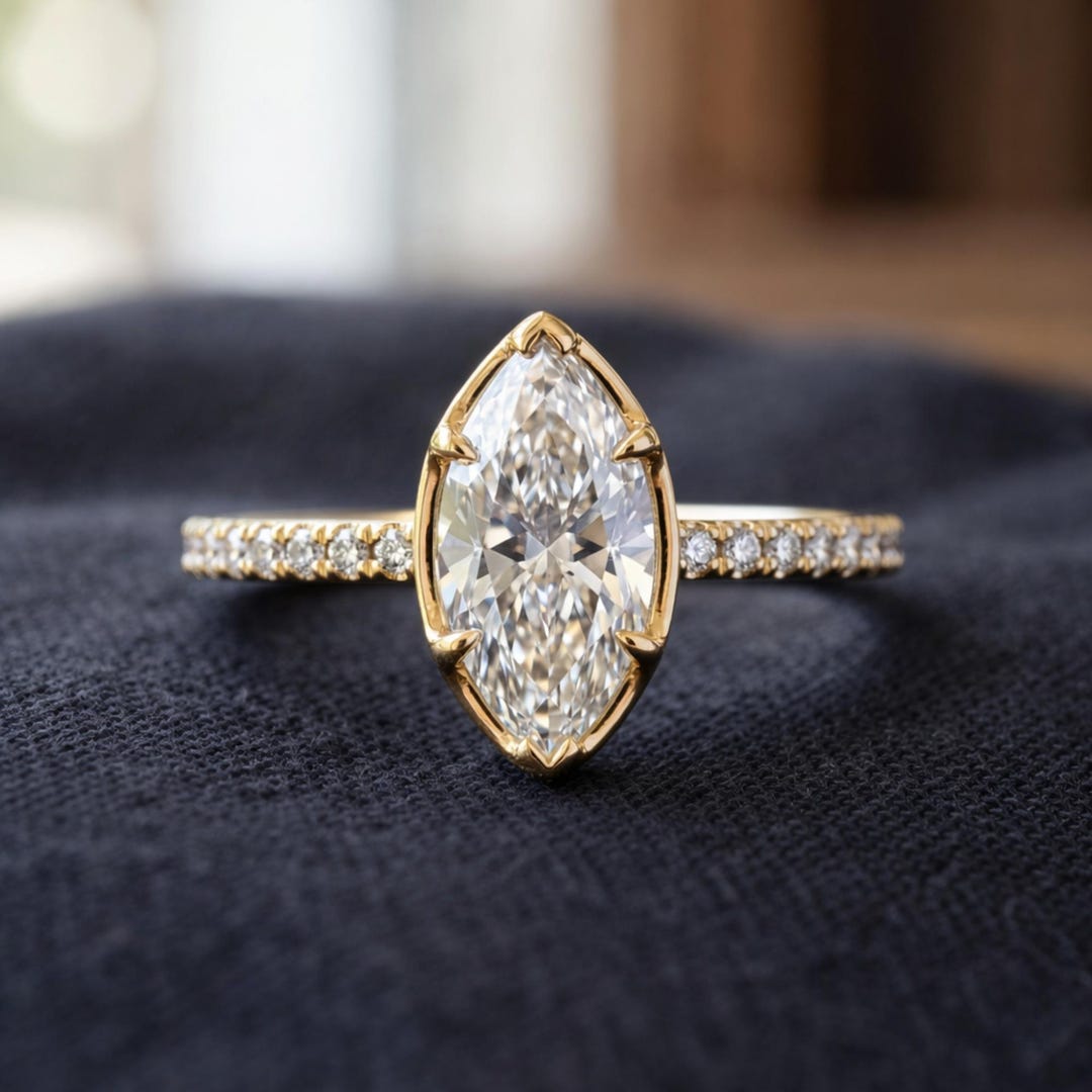 Marquise Cut Moissanite Engagement Ring in 14K Yellow Gold With Pavé ...