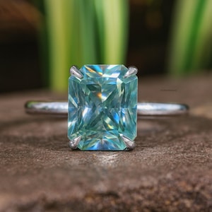 3.50 CT Teal Radiant Cut Moissanite Engagement Ring in Solid White Gold With Prong & Hidden Halo Setting Minimalist Modern Bridal Jewelry
