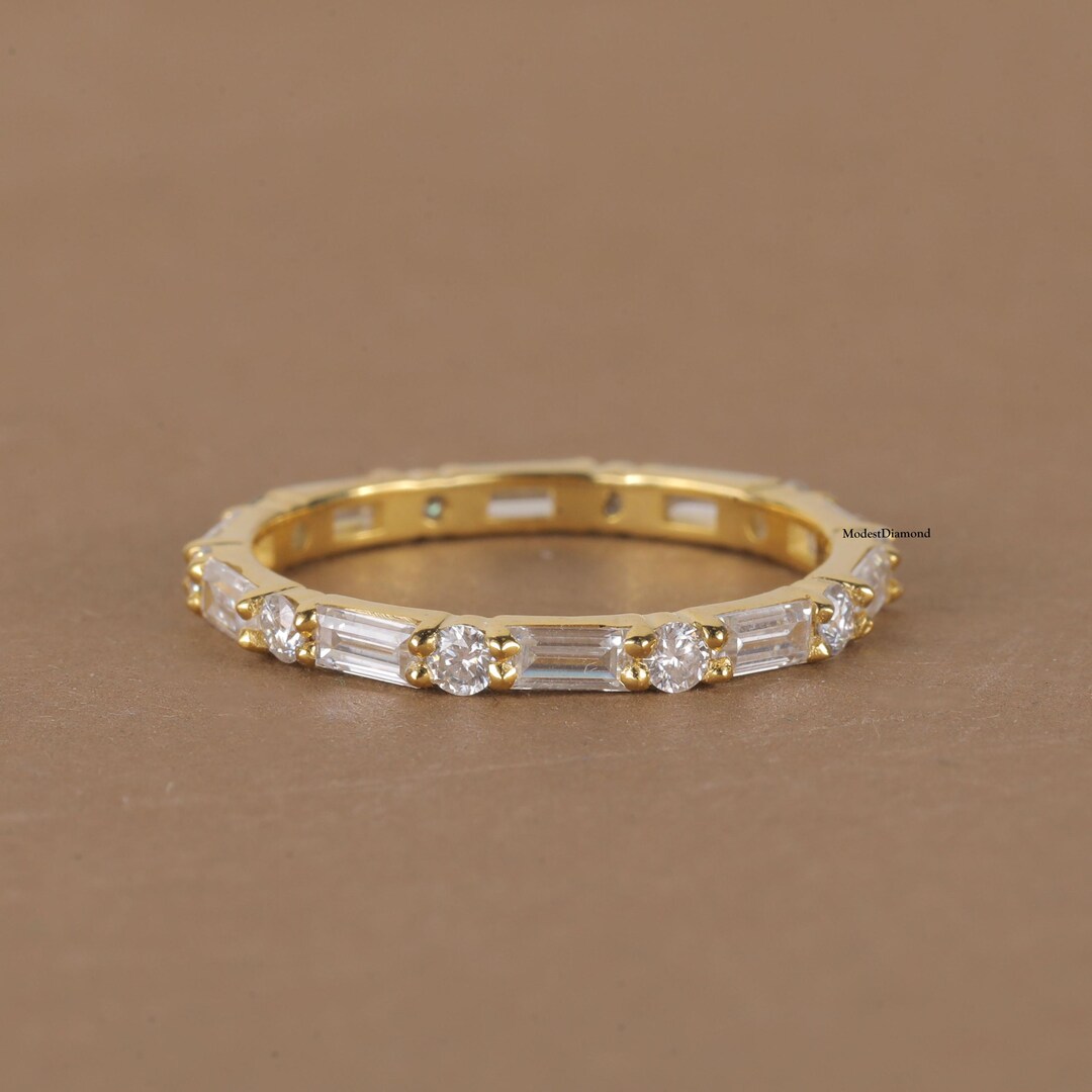 Baguette & Round Cut Moissanite Wedding Band in 18K Yellow Gold Dainty ...