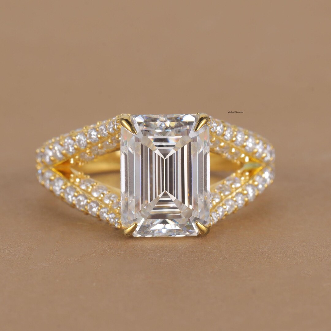 Emerald Cut Diamond Engagement Ring Split Shank Pave Ring in Yellow ...