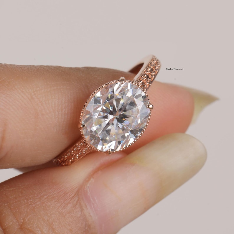 Leth Rings Oval Cut Moissanite Engagement Ring in Rose Gold Vintage Milgrain ...