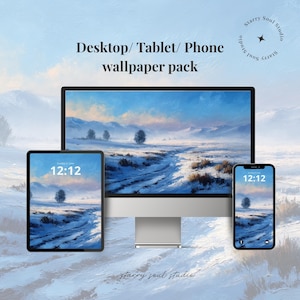 May include: A desktop computer, tablet, and smartphone display a winter landscape wallpaper. The screens show a snowy path winding through a field, under a blue sky. The time 12:12 is displayed on the tablet and phone. The text "Desktop/Tablet/Phone wallpaper pack" is at the top.