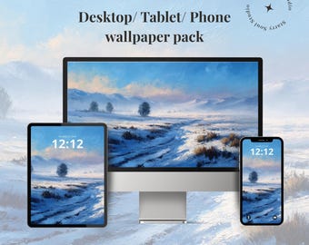 Może przedstawiać: Komputer stacjonarny, tablet i smartfon wyświetlają tapetę z zimowym krajobrazem. Ekrany pokazują zaśnieżoną ścieżkę pod błękitnym niebem. Godzina 12:12 jest wyświetlana na tablecie i telefonie. Tekst "Desktop/Tablet/Phone wallpaper pack" znajduje się u góry.