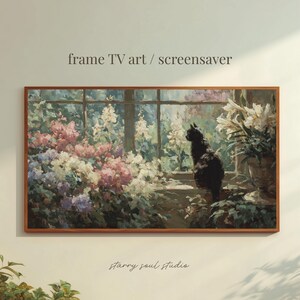 May include: A framed digital art print featuring a black cat gazing out a window. The artwork depicts a lush garden with pink, white, and purple flowers. The text "frame TV art / screensaver" is at the top.