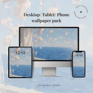 Pode incluir: Um computador de mesa, um tablet e um smartphone exibem um papel de parede correspondente com uma paisagem marinha com céu azul e oceano. A hora 12:12 é exibida em cada dispositivo. O texto "Desktop/Tablet/Phone wallpaper pack" está no topo.