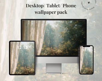 May include: A digital wallpaper pack for desktop, tablet, and phone. The screens display a serene landscape painting with a forest and curtain design. The time 12:12 is shown on the tablet and phone screens. The Starry Soul Studio logo is also visible.