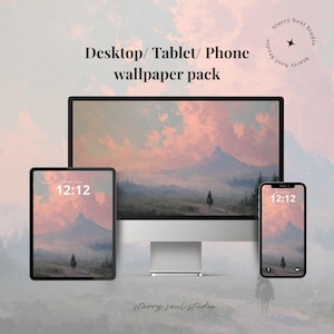 May include: A desktop computer, tablet, and smartphone display a matching landscape wallpaper with a person on horseback. The screens show a mountain range under a pink and blue sky. The text "Desktop/Tablet/Phone wallpaper pack" is at the top.