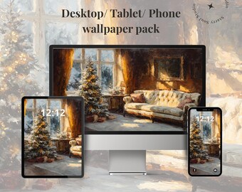 May include: A digital wallpaper pack for desktop, tablet, and phone, featuring a cozy Christmas scene. The image shows a Christmas tree, a sofa, and a window with curtains. The time 12:12 is displayed on the tablet and phone screens. The text "Starry Soul Studio" is also visible.