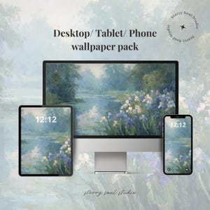 May include: A desktop computer, tablet, and smartphone display a serene landscape wallpaper with a river and flowers. The text "Desktop/Tablet/Phone wallpaper pack" is above the devices. The time 12:12 is displayed on the tablet and phone screens. The Starry Soul Studio logo is in the upper right and lower center.