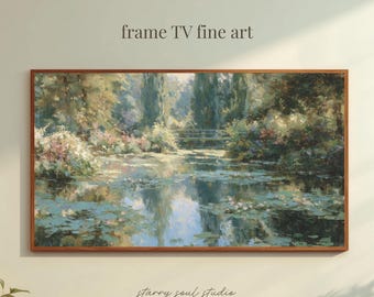Peaceful Autumn Lake Frame TV Art, Classic Oil Painting Wallpaper, Soft Sage Green & Golden Forest Screensaver | Fa003