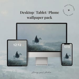 May include: A desktop computer, tablet, and smartphone display a matching wallpaper featuring a person on a white horse in a misty landscape. The time 12:12 is displayed on the tablet and phone screens. The text "Desktop/Tablet/Phone wallpaper pack" is visible.