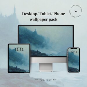 May include: A desktop computer, tablet, and smartphone display a matching blue and gray landscape wallpaper. The time 12:12 is visible on the tablet and phone screens. The text "Desktop/Tablet/Phone wallpaper pack" is displayed above the devices.