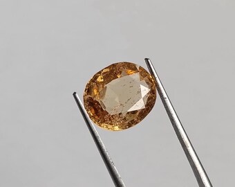 May include: An oval-cut, golden-brown gemstone is held by silver tweezers against a light gray background. The gemstone has multiple facets and a slightly speckled appearance, reflecting light.