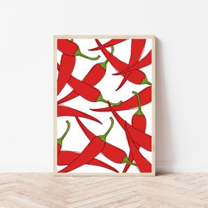 Rode pepers poster A4, chilipeper handgetekende schets muurkunst, rode chili fruit print, A4 keuken poster illustratie