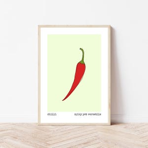 Chili A4 A5 poster, handgetekende rode chili omtrek kunst aan de muur, rode chilipeper print, A5 A4 keuken print chili illustratie