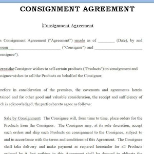 May include: A white document titled "CONSIGNMENT AGREEMENT" with black text. The document includes sections for agreement details, parties involved, and terms of sale. The text is clear and legible, suitable for legal or business use.