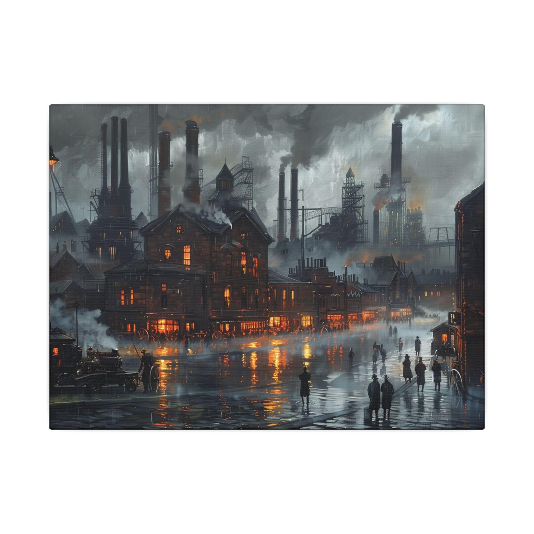 Industrial Revolution Wall Art, Victorian Era Factory Painting, Rainy ...