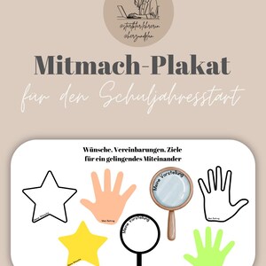 Può includere: Un poster beige con testo tedesco e illustrazioni per l'inizio dell'anno scolastico. Presenta forme di stelle e mani, una lente d'ingrandimento e le parole "Wünsche, Vereinbarungen, Ziele für ein gelingendes Miteinander."