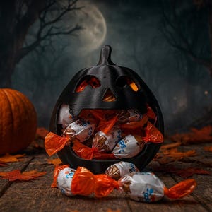 Peut inclure: Une lanterne en forme de citrouille noire imprimée en 3D remplie de bonbons emballés, à côté d'une citrouille orange. La scène se déroule sur une surface en bois avec des feuilles d'automne éparpillées, sur fond de forêt effrayante et de pleine lune.