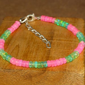 Ethiopian Opal Beaded Bracelet: Sterling Silver, Fire Pink & Green.