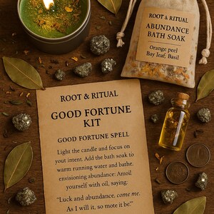 Kit de Boa Sorte – Conjunto de Ritual de Abundância com Vela, Banho, Óleo e Carta de Feitiço – Kit de Bênçãos Inspirado em Hoodoo de Raiz e Ritual