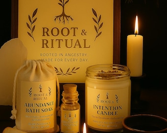 Good Fortune Kit – Abundance Ritual Set with Candle, Bath, Oil and Spell Card – Root & Ritual Hoodoo-Inspired Blessings Kit